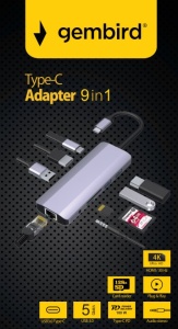 A-CM-COMBO9-06 ** Gembird USB-C 9-in-1 multi-port RJ45+USB3.0+SD+USB-C+HDMI+USB2.0+3,5mm (1359) - Img 3