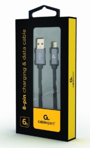 CCB-mUSB2B-AMLM-6 Gembird Cotton braided 8-pin cable with metal connectors, 1.8 m, black, blister - Img 1