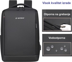 NCC-15-KLB021 Gembird Ranac za laptop 15,6inc 45x28x15cm USB konektor, 600g