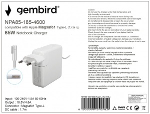 NPA85-185-4600 (TJ-341L Apple Type-L) Gembird punjac za MacBook 85W-18.5V-4.6A, Magsafe1 Type-L - Img 3
