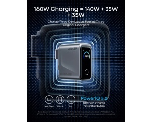 ANKER Prime 160W GaN zidni brzi punjač, 3-porta (3x USB-C) srebrni