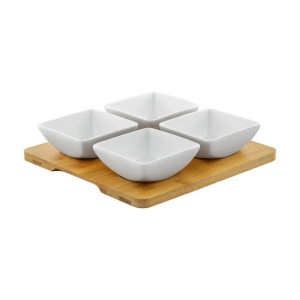 DAJAR DJ45577 PORCELANSKI SET 4 ČETVRTASTE ČINIJE SA DASKOM OD BAMBUSA - Img 1