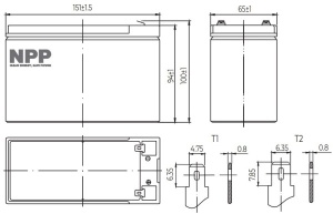 NPP NP12V-7.5Ah, AGM BATTERY, C20=7.5AH, T1, 151x65x94x100, 2,07KG, BLACK - Img 3