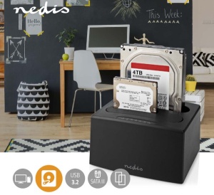 HDDUDB3210BK Nedis USB 3.2 DUPLI docking station za 2.5/3.5 SATA hard diskove, Kloniranje max 8TB