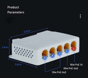 POE-EXT-14G 5 port, 1000mbps POE extender, 30/60W 8W/port, POE voltage 44-57Vdc, 100m, 802.3af/at - Img 2