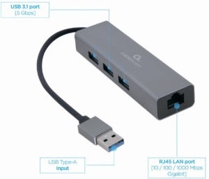 A-AMU3-LAN-01 Gembird USB AM Gigabit network adapter with 3-port USB 3.0 hub