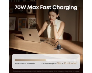 ANKER Nano 70W GaN zidni brzi punjač, 3-porta (2x USB-C i 1x USB-A) crni