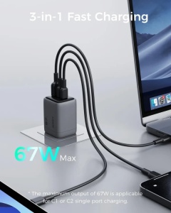 Kućni punjač AUKEY PA-C3 Fast 3-port 67W GaN - Img 2