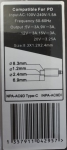 NPA-AC9D Gembird punjac za laptop 65W, kabl 2m USB-C, 5V/3A,9V/3A,12V/3A,15V/3A,20V/3.25A