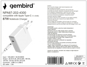 NPA87-202-4300 (TJ-354B Apple Type-C/USB-C) Gembird punjac za MacBook 87W-20,2V-4.3A, USB Type-C - Img 2