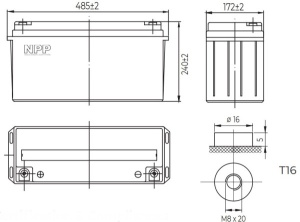 NPP NPG12V-150Ah, GEL BATTERY, C20=150AH, T16, 485*172*240*240, 38,5KG, Light grey