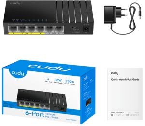 Cudy FS106P,6-Port 10/100M PoE+ Switch,4× FE with 802.3at/af Mode A PoE,2× Uplink FE,36W