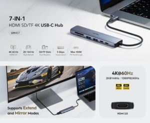 Cudy UH407 , 7-In-1 HDMI SD/TF 4K USB-C Hub, 60/144/240 Hz, 5Gps, 100W - Img 2