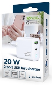 TA-UC-PDQC20L-W-01 Gembird punjac 20W, 2-port (USB-A+USB-C) LED, white - Img 1