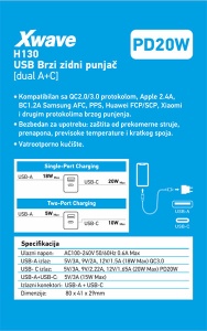 Xwave H130 AC 20w Brzi ZIDNI punjač za mobilne,tablete, usb-C usb-A ,Beli - Img 2