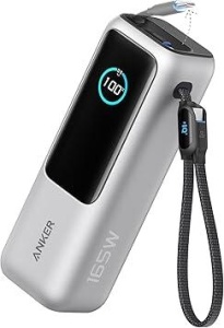 ANKER 25000mAh, 165W, sa ugrađenim USB-C kablom na izvlačenje, Power Bank za laptop srebrni