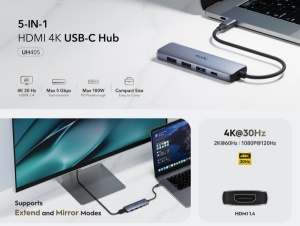 Cudy UH405, 5-In-1 HDMI 4K USB-C Hub 30/60/120 Hz, 5Gps, 100W - Img 2