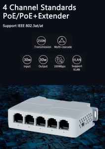 POE-EXT-14F 5 port, 100mbps POE extender, 30/60W 8W/port, POE voltage 44-57Vdc, 100m, 802.3af/at - Img 3