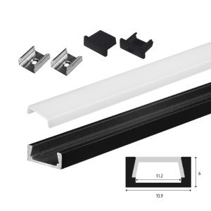 Set aluminijumski profil za LED trake 2m 15x6 mm crni