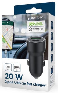 TA-UC-A2PDQC20-CAR-01 Gembird 2-port USB car fast charger, Type-C PD, 20 W, black - Img 1