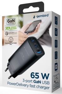 TA-UC-PDQC65-01-BK Gembird 3-port 65W GaN USB PowerDelivery fast charger, black - Img 2