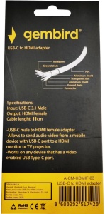 A-CM-HDMIF-03 ** Gembird TYPE-C TO HDMI 11cm CABLE (alt.A-CM-HDMIF-01, UH401, 479)