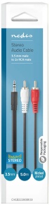 CAGB22200BK50 Stereo audio kabl, 3,5 mm muški, 2x RCA muški, Niklovani, 5,00 m, Crni
