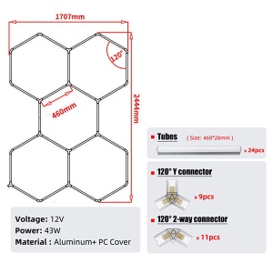Hexagon LED tube 5 heads RGB 12V 410mm 24pcs - Img 3