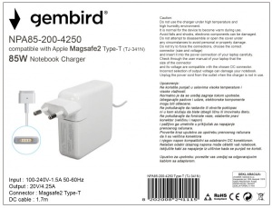 NPA85-200-4250 (TJ-341N Apple Type-T) Gembird punjac za MacBook 85W-20V-4.2A, Magsafe2 Type-T - Img 2