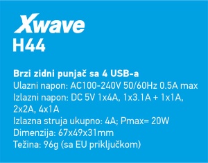 Xwave H44 USB brzi ZIDNI punjac za mobilne,tablete,4xUSB-4A/3,1A/2,1A/1A crni - Img 2