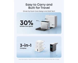 ANKER 100W GaN zidni brzi punjač, 3-porta (2x USB-C i 1x USB-A) sa USB-C M/M pletenim kablom, srebrni