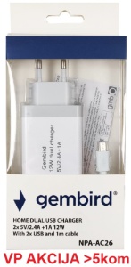 NPA-AC26 ** Gembird punjac za telefone i tablete 2x5v/2.4A+1A 12W +micro USB DATA kabl 1M (263) - Img 1