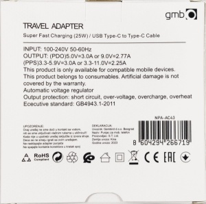 NPA-AC44 ** Gembird QC3.0 brzi punjac USB-A+ USB-C, + kabl USB-C, 25W DC 5V/3A ili 9V/2,77A (679) - Img 3