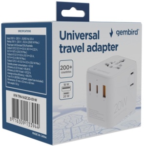 Travel adapter TPA-1A2C20-01-W Gembird Univerzalni 20W - Img 3