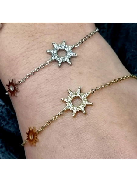 Bratara aurie din otel inoxidabil cu zirconii Soare si Stea ajustabila 16-19 cm