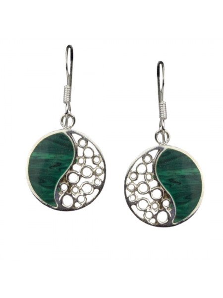 Cercei lungi din argint cu agata verde Yin Yang 1.5cm