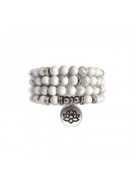 Colier / Bratara elastica din 108 sfere de Howlit si charm placat cu argint Floare de Lotus - Perlele Eternitatii - Img 1