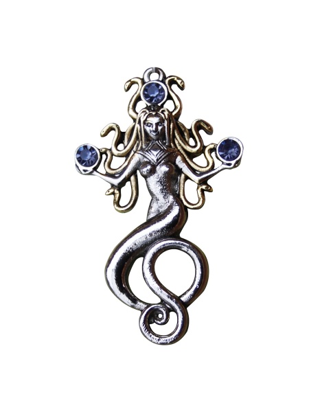 Pandantiv cu lantisor Gorgona, cristal sintetic albastru, 4.5 cm