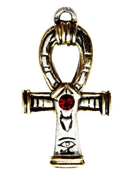Pandantiv cu lantisor, placat cu argint, Amuletele Egiptului antic - Ankh cu cristal rosu 2.8 cm