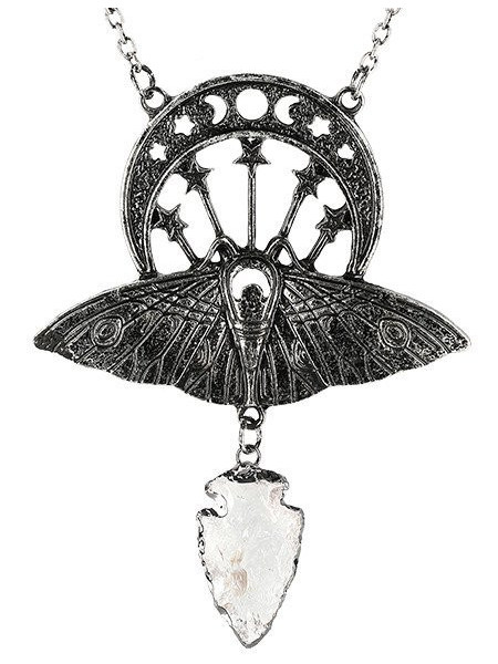 Pandantiv gotic din aliaj de zinc argintiu, model cu molie si simboluri geometrice cu semiluna, incorporata cu o piatra cuart alb, dimensiune de 7 cm, Restyle Polonia