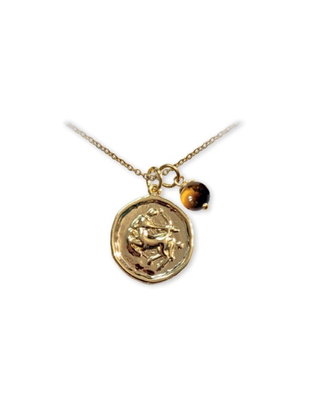 Pandantiv talisman auriu cu lantisor si sfera din piatra semipretioasa Ochiul Tigrului, semn zodiacal Sagetator