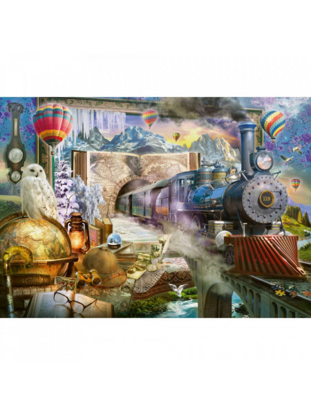 Puzzle de 1000 de piese, din carton, multicolor, model cu bufnite si un tren, cu dimensiunile de 69,3 × 49,3 cm.