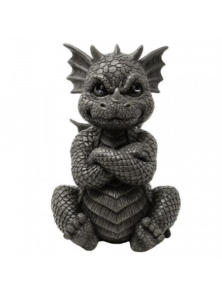 Statueta de gradina cu dragon stand jos cu mainile incrucisate si cu fata incruntata