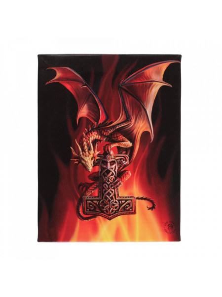 Tablou canvas design Anne Stokes, model cu dragon tinand in gheare ciocanul lui Thor pe fundal negru cu flacari rosii, dimensiune 19x25 cm