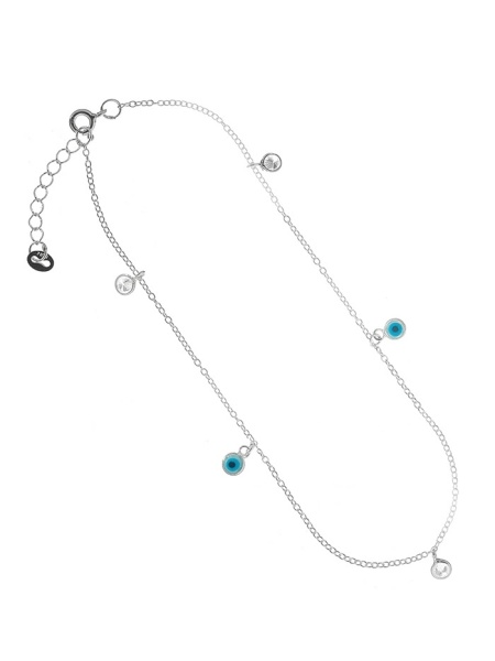 Bratara ajustabila de picior din argint si zirconii Ochiul Protector (Evil Eye), dimensiune 25+3cm