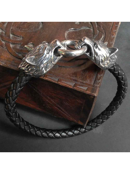 Bratara piele Capete de Lupi, circumferinta 21/25 cm