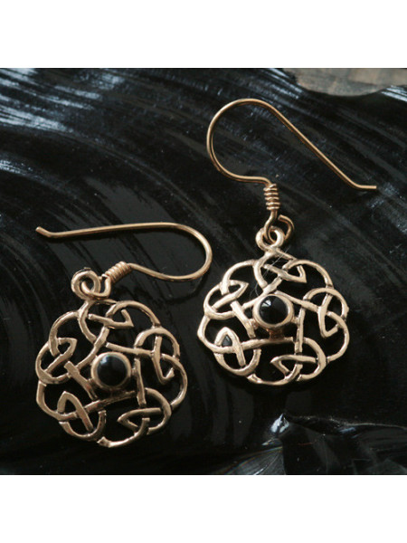 Cercei rotunzi celtici din bronz Nod cu onix 3.5cm