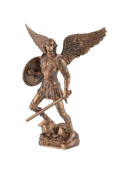 Mini statueta Arhanghelul Mihail cu sabie si scut, finisaj bronz, 10 cm