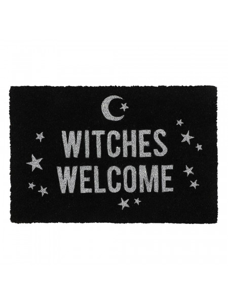 Un pres negru din fibra de cocos cu un design incantator si textul „Witches Welcome&#039;”.