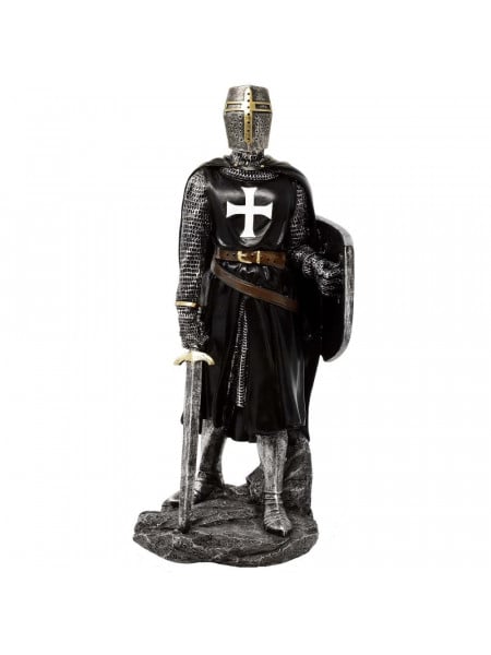 Statueta Cavaler Medieval Negru cu Scut si Sabie 30 cm
